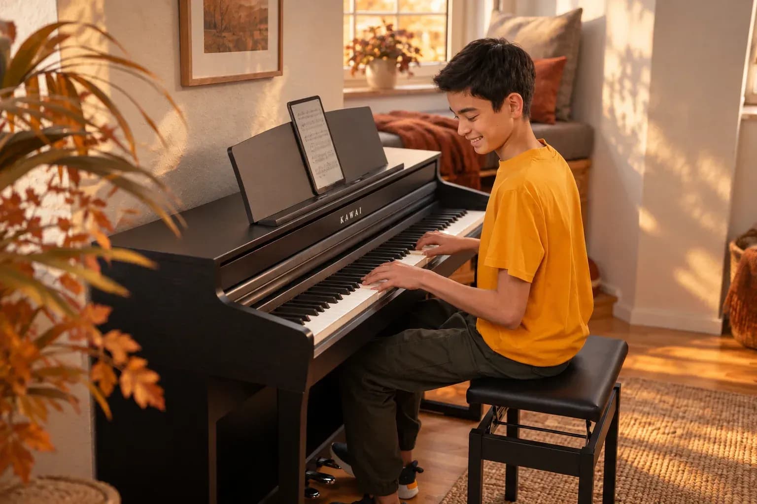 A student playing a Kawai CA Series digital piano in an autumn room