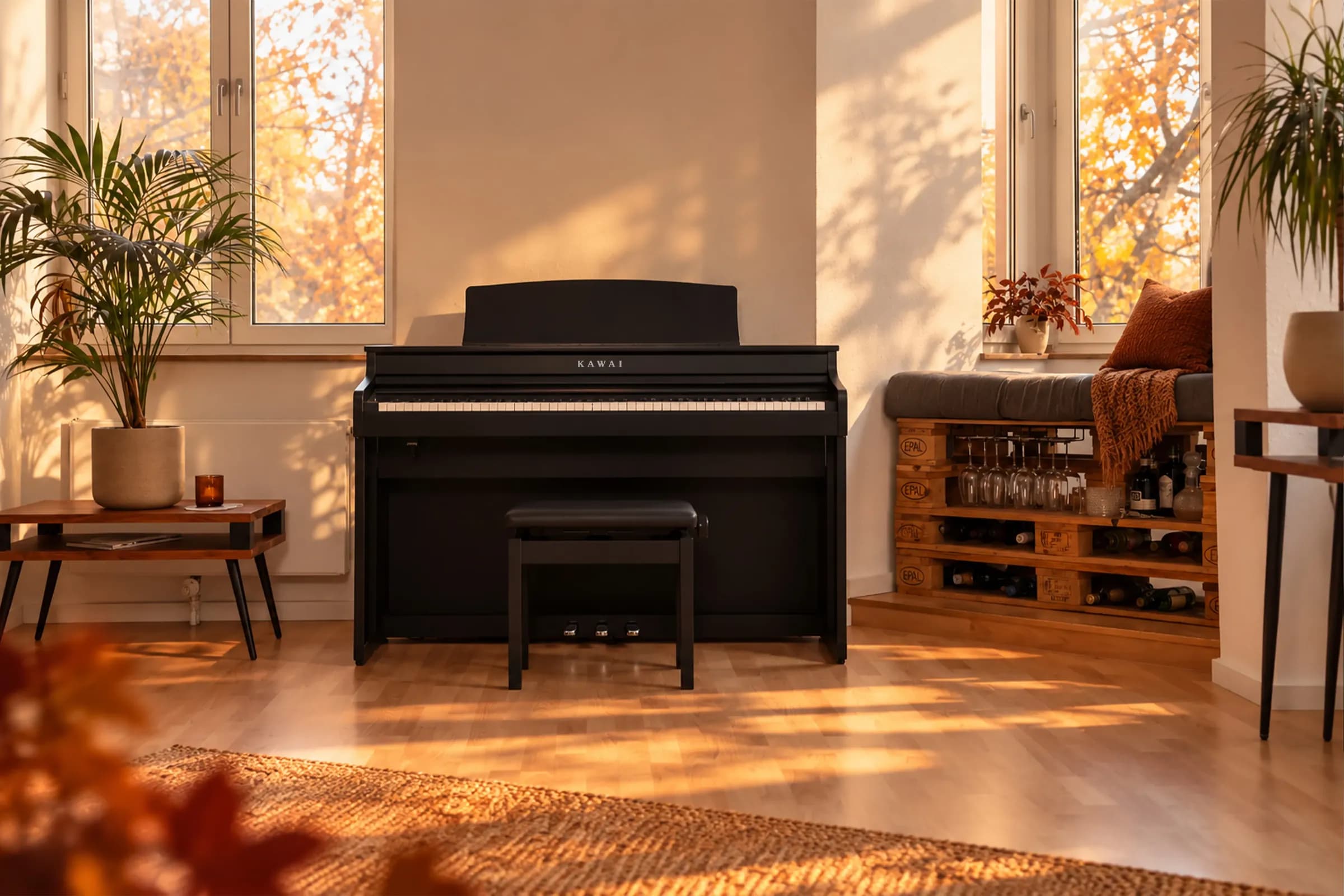 A Kawai CA Series digital piano in a sunlit autumn living room