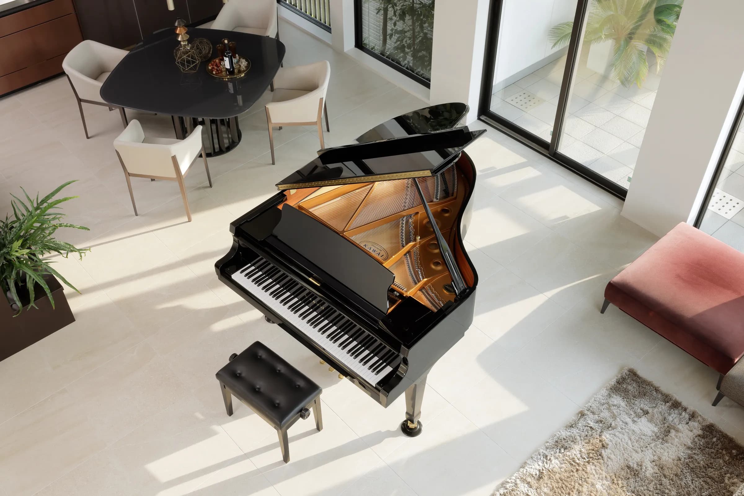 A Kawai GX-2 grand piano seen from above in a bright living room